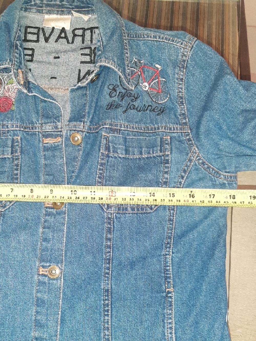 Erikaπ"ENJOY THE JOURNEY-TRAVEL" Denim Jacket, Embroidered Paris Motifs Sz 8/M - Picture 9 of 10